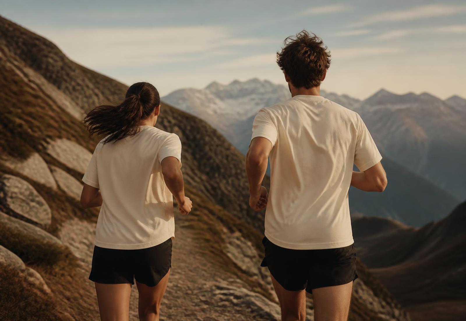 Two runners on an alpine trail wearing standard pace tees