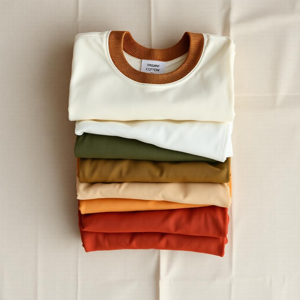 Folded organic cotton garments in cream and earth tones